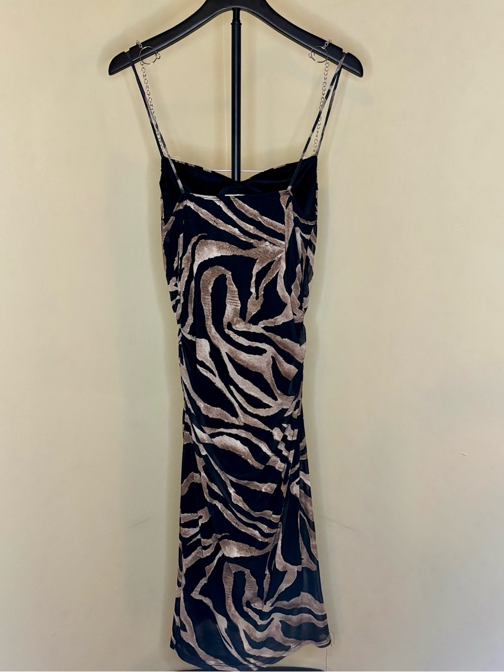 Fashion Nova Black and Taupe Zebra Cowl Midi Dress - Picture 3 of 5